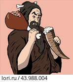 Улыбающийся пещерный человек с рогом с пивом / smiling caveman with horn with beer. Стоковая иллюстрация, иллюстратор Александр Паньков / Фотобанк Лори