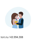 A young married couple holds a newborn baby in their arms. Happy parents, motherhood and childhood. A man and a woman take care of a child. Vector flat cartoon illustration. Стоковая иллюстрация, иллюстратор Полина Екимова / Фотобанк Лори