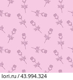 Seamless endless pattern with a pattern of purple roses on a pink background. Book cover, fabric for clothing and fashionable women's print, packaging paper. Vector pattern with a Doodle of a rose. Стоковая иллюстрация, иллюстратор Полина Екимова / Фотобанк Лори