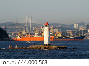Маяк Токаревского на фоне порта Владивосток (2024 год). Редакционное фото, фотограф Яна Савинова / Фотобанк Лори