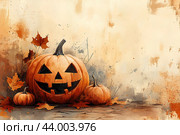Оранжевая тыква с вырезанной гримасой, Светильник Джека. Открытка к празднику Хэллоуин. Стоковое AI-изображение, AI-художник Щеголева Ольга / Фотобанк Лори