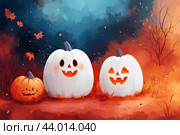 Веселая компания, тыквы, переодетые в белые привидения с вырезанными гримасами. Открытка к празднику Хэллоуин. Стоковое AI-изображение, AI-художник Щеголева Ольга / Фотобанк Лори