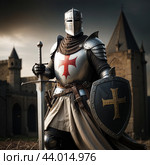 Crusader knight on the background of the castle. Стоковое AI-изображение, AI-художник RamA / Фотобанк Лори