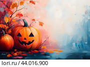 Осенний пейзаж с оранжевыми тыквами. Открытка к празднику Хэллоуин. Space for text. Стоковое AI-изображение, AI-художник Щеголева Ольга / Фотобанк Лори