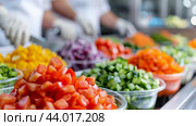 Fresh Vegetables Prepared in a Busy Kitchen During Daytime. Стоковое AI-изображение, AI-художник Юлия Гапеенко / Фотобанк Лори