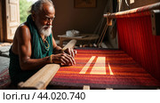 Traditional Indian weaver crafting on handloom in village settingries. Стоковое AI-изображение, AI-художник Анна Маркина / Фотобанк Лори