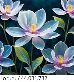 Beautiful pastel flowers with vibrant petals on a dark background. Стоковое AI-изображение, AI-художник Алексей Сабадырь / Фотобанк Лори