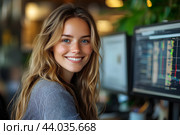 Улыбающаяся красивая девушка работает за компьютером в офисе. Стоковое AI-изображение, AI-художник Щеголева Ольга / Фотобанк Лори