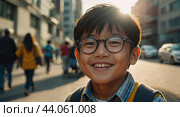 Portrait of a happy Asian schoolboy child with glasses On the street of the city in the sunlight. Back to school, correction of pupil eyesight. AI generated. Стоковое AI-изображение, AI-художник Ольга Симонова / Фотобанк Лори