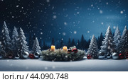 Christmas or New Year background with snowy winter fir tree forest landscape. Стоковое AI-изображение, AI-художник Анастасия Золотницкая / Фотобанк Лори