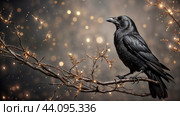 Portrait of a black raven on a magical background. Стоковое AI-изображение, AI-художник Виктория Кольцова / Фотобанк Лори