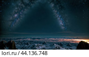 Mountain landscape under the night sky. Стоковое AI-изображение, AI-художник Виктория Кольцова / Фотобанк Лори