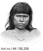 American peoples. Portrait of Guaycuru woman. Guaycuru is ethnic groups indigenous to the Gran Chaco, South America. Publication of the "Meyers encyclopedia", Vol. 7, Leipzig, Germany, 1910. Стоковая иллюстрация, иллюстратор Sergey Kohl / Фотобанк Лори