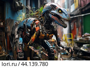 Innovative Robotic dinosaur urban street square. Generate Ai. Стоковое AI-изображение, AI-художник Иван Рябоконь / Фотобанк Лори