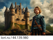 Brave Scot child boy scottish castle. Generate Ai. Стоковое AI-изображение, AI-художник Иван Рябоконь / Фотобанк Лори