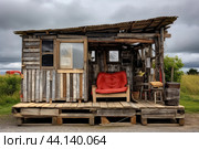 Rough-hewn Shack wooden old pallets example roof. Generate Ai. Стоковое AI-изображение, AI-художник Иван Рябоконь / Фотобанк Лори