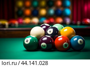 Glossy Many colorful billiard balls and cue. Generate Ai. Стоковое AI-изображение, AI-художник Иван Рябоконь / Фотобанк Лори