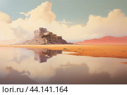 Desert oasis mirage with reflective water. Стоковое AI-изображение, AI-художник Иван Рябоконь / Фотобанк Лори