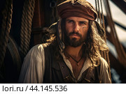 Portrait of a swashbuckling pirate at sea. Стоковое AI-изображение, AI-художник Иван Рябоконь / Фотобанк Лори