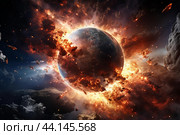 Cataclysmic planet explosion in space. Стоковое AI-изображение, AI-художник Иван Рябоконь / Фотобанк Лори
