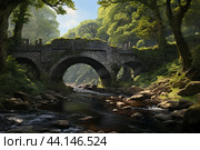 Hidden Stone bridge scene in forest. Generate ai. Стоковое AI-изображение, AI-художник Иван Рябоконь / Фотобанк Лори