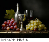 Antique wine bottle, silver wine cup and bunches of grapes. Still life. Стоковое AI-изображение, AI-художник Сергей Елизарьев / Фотобанк Лори