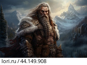 Majestic fantasy warrior overlooking mountain realm. Стоковое AI-изображение, AI-художник Иван Рябоконь / Фотобанк Лори