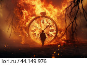 Time's fury: silhouette against fiery clock explosion. Стоковое AI-изображение, AI-художник Иван Рябоконь / Фотобанк Лори