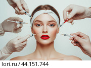 Biorevitalization. Beautiful woman getting beauty injections with hyaluronic acid for smoothing of face mimic wrinkles. Anti-aging procedure. Стоковое фото, фотограф Ирина Ручушкина / Фотобанк Лори