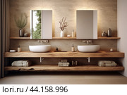 Modern bathroom vanity with double sinks. Стоковое AI-изображение, AI-художник Иван Рябоконь / Фотобанк Лори