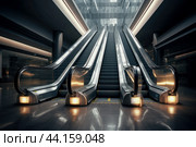 Modern escalators in sleek business lobby. Стоковое AI-изображение, AI-художник Иван Рябоконь / Фотобанк Лори