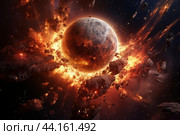 Cataclysmic asteroid impact on planet. Стоковое AI-изображение, AI-художник Иван Рябоконь / Фотобанк Лори