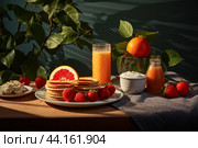 Sumptuous breakfast with fresh fruits and pancakes. Стоковое AI-изображение, AI-художник Иван Рябоконь / Фотобанк Лори