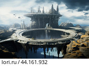 Futuristic sci-fi cityscape with circular architecture. Стоковое AI-изображение, AI-художник Иван Рябоконь / Фотобанк Лори