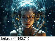 Futuristic female astronaut in space suit helmet. Стоковое AI-изображение, AI-художник Иван Рябоконь / Фотобанк Лори