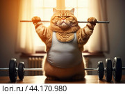 Determined cat lifting weights at home. Стоковое AI-изображение, AI-художник Иван Рябоконь / Фотобанк Лори