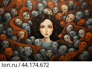 Enigmatic woman amongst expressionless faces. Стоковое AI-изображение, AI-художник Иван Рябоконь / Фотобанк Лори