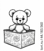 Funny little bear. Educational children's coloring (black and white). White background, in the style of a coloring book, a drawing for children to color. Стоковое AI-изображение, AI-художник Сергей Елизарьев / Фотобанк Лори