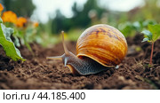 A snail is crawling on the ground in a garden, AI. Стоковое AI-изображение, AI-художник Сергей Старуш / Фотобанк Лори