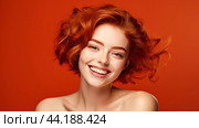 Portrait of a smiling cheerful teenage girl with a short haircut and red hair, red background, banner. Стоковое AI-изображение, AI-художник ALLA YURTAYEVA / Фотобанк Лори