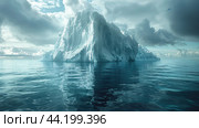 Massive blue ice wall glacier in Antarctica. Aerial close up fly over snow covered large iceberg surface, bright sunlight. Arctic frozen nature mountain beauty. Winter background. Discover South Pole. Стоковое AI-изображение, AI-художник Ирина Михайличенко / Фотобанк Лори