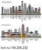 Zhengzhou and Hong Kong China City Skyline with Gray Buildings and Reflections Isolated on White. Стоковая иллюстрация, иллюстратор Игорь Сорокин / Фотобанк Лори