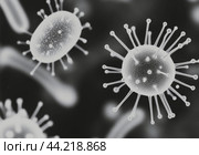 Magnified view of bacteria with flagella in a dark, scientific environment. Стоковое AI-изображение, AI-художник Юлия Гапеенко / Фотобанк Лори