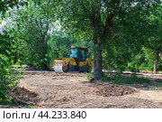 Дорожный каток уплотняет щебень на аллее парка Городской сад перед укладкой тротуарной плитки. Волгоград, Россия. (2024 год). Редакционное фото, фотограф Андрей Цыганков / Фотобанк Лори