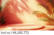 Soft sunlight casting palm shadows on a minimalistic round table against a warm wall. Стоковое AI-изображение, AI-художник Юлия Гапеенко / Фотобанк Лори