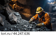 Miner chiseling rocks in a dimly lit tunnel, deeply engaged in the task of mineral extraction. Стоковое AI-изображение, AI-художник Tatiana Syrtseva / Фотобанк Лори