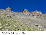 Mountain landscape, rocky slope scree with towering cliffs dykes. Стоковое фото, фотограф Евгений Харитонов / Фотобанк Лори