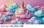 Majestic unicorn with pink mane among pastel clouds and sparkles, epitome of fantasy and magic. Стоковое AI-изображение, AI-художник Tatiana Syrtseva / Фотобанк Лори