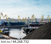 Горы угля, портовые краны, сухогрузы в морском порту. Стоковое фото, фотограф Павел Просянов / Фотобанк Лори