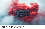 Powerful red v8 engine starting and making red smoke. Стоковое AI-изображение, AI-художник Юрий Поздников / Фотобанк Лори